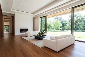 Modern living room with white sofas, a fireplace, and large windows overlooking a green lawn