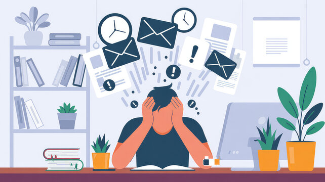 Overwhelmed: A person in a dimly lit office is buried under a tidal wave of looming deadlines, emails, and office supplies, symbolizing stress and the pressures of contemporary work.