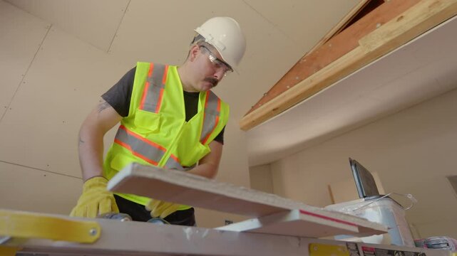 At a busy construction site, a skilled team of builders collaborates effectively, wearing safety helmets and using tools on an exciting house renovation, showcasing teamwork and expertise
