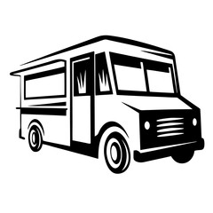Black and white illustration of a food truck viewed in perspective