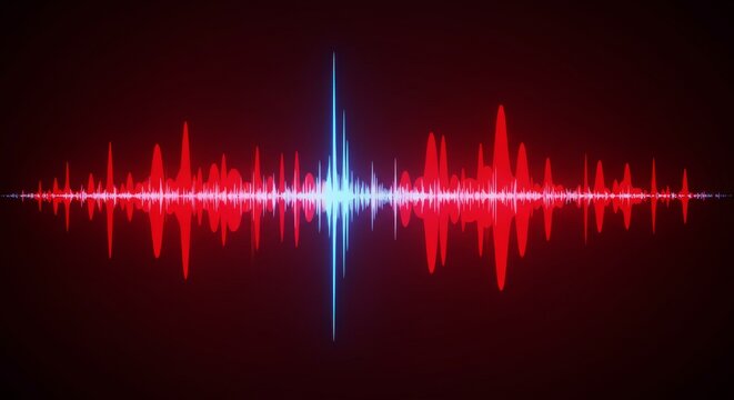 Red And Blue Audio Visualizer Graphic - Abstract audio waveform visualization, red and blue tones, energy, sound frequency, signal. Symbolizing sound, data, music, technology, and communication