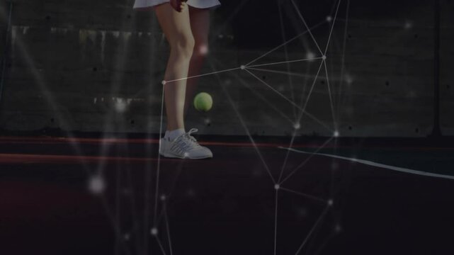 Tennis player showing racket, ball movement on tennis court, displaying animated technology overlay