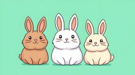 Three cute cartoon bunnies in different colors sitting together on a green background