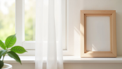 Serene wooden picture frame by window with sheer curtains, calm ambiance