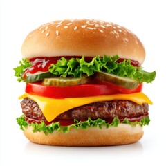 Delicious burger with toppings isolated on white background