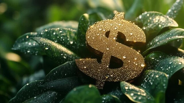 朝露に濡れる葉と金のドルマークの環境的象徴