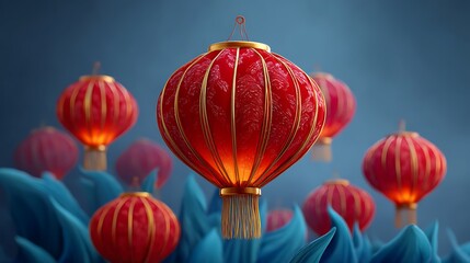 A group of illuminated red lanterns with gold trim hang from a blue, leafy background