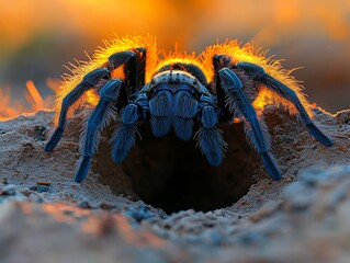 Golden Hour Encounter: A Vibrant Blue Tarantula Emerging from its Burrow as the Sun Sets, Casting a Warm, Fiery Glow Around its Hairy Legs.
