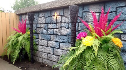 Stone wall backdrop with vibrant tropical plants and decorative torches