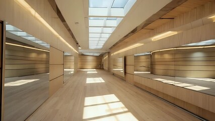 Modern, spacious, light-filled interior hallway with wooden accents and mirrored walls - Powered by Adobe