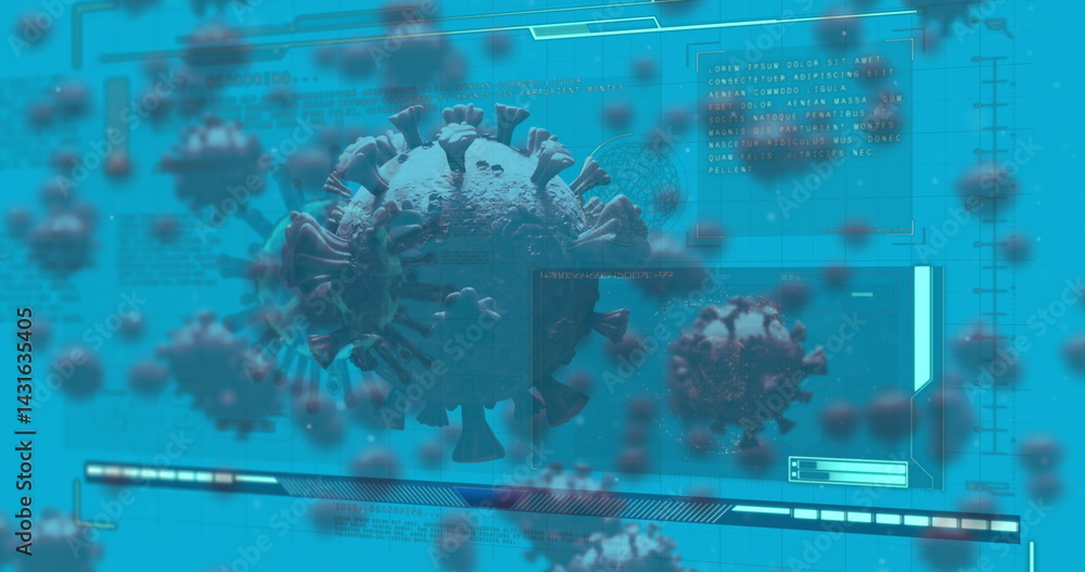 Poster floating central spiky virus model highlighting virtual interface, with data panels and gridlines