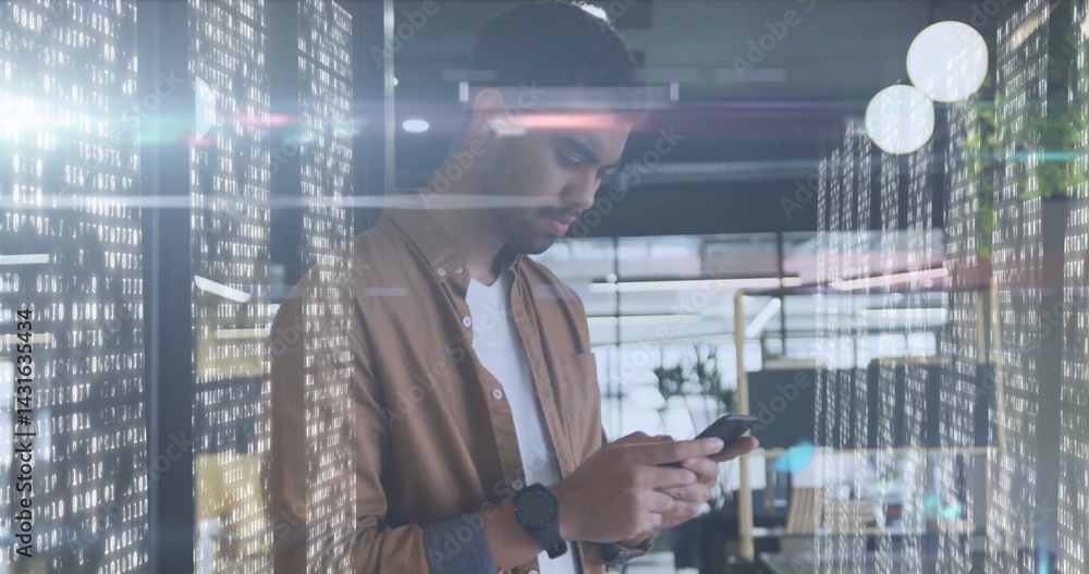 Aufkleber image of biracial businessman using smartphone over data processing