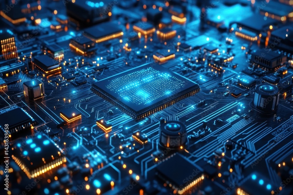Poster a close-up view of a glowing microchip on a circuit board in a dark environment