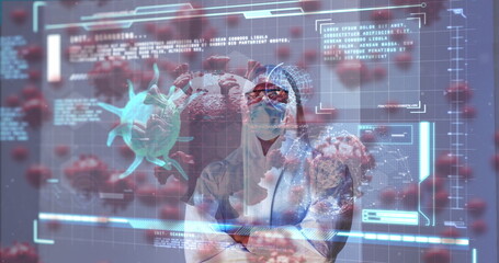 Image of data processing and virus cells over caucasian male doctor with safety suit