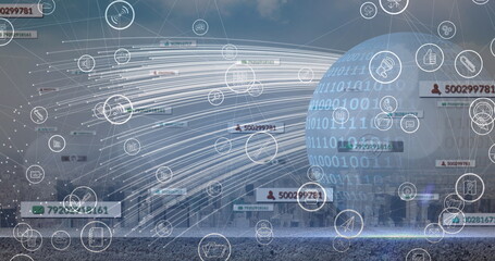 Image of media icons and globe over cityscape