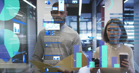 Image of diverse business people talking over data processing