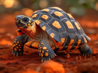 Obraz premium Radiant Radiance: A Close-Up Portrait of a Yellow-Footed Tortoise on Red Soil, Showcasing its Shell Pattern and Textured Skin in Vivid Detail.