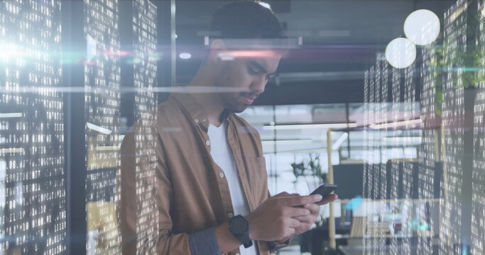 Image of biracial businessman using smartphone over data processing - Powered by Adobe