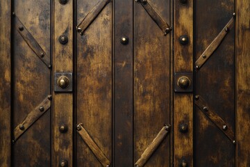 Fototapeta premium Aged, weathered wooden doors with intricate metal details.