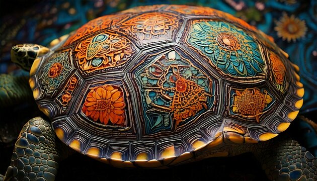 Ornate Turtle Shell Detailed Closeup Vibrant Colors Intricate Design Wildlife Animal Nature