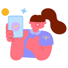 Happy woman holding smartphone with check mark icon on screen and golden coin, mobile payment success and financial approval, flat vector illustration