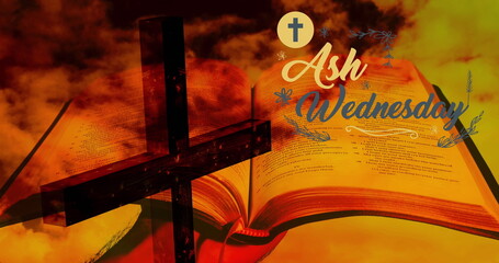 Image of ash wednesday over christian cross and bible