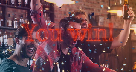 Image of you win text over happy diverse friends with beer in bar