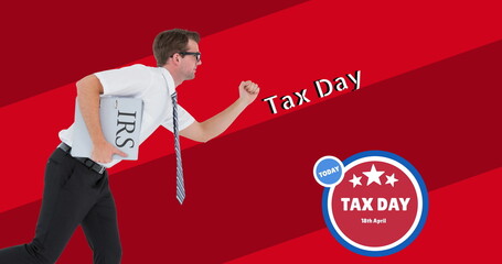 Image of tax day text over caucasian businessman on red background