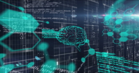 Human brain, chemical structures and data processing against blue background