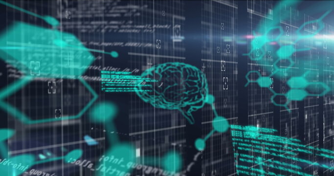 Human brain, chemical structures and data processing against blue background - Powered by Adobe
