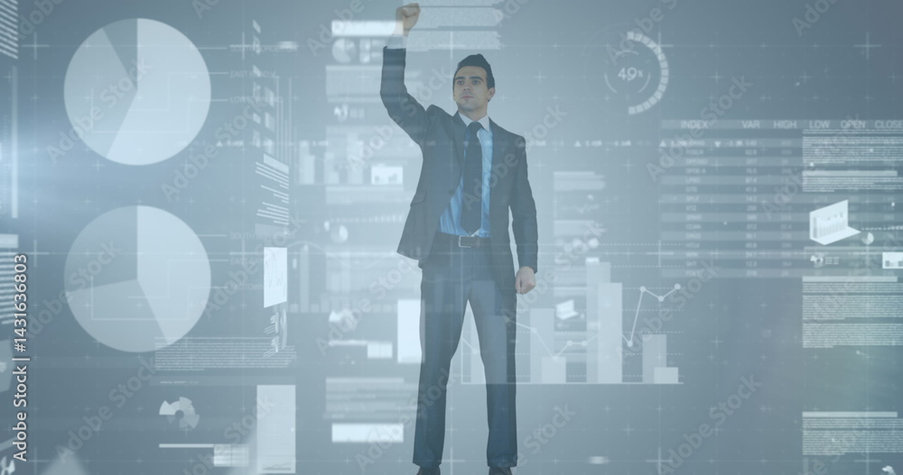 Poster statistical data processing against caucasian businessman protesting against grey background