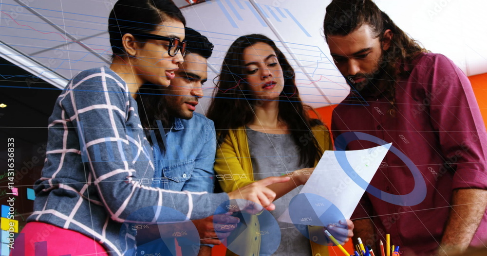 Aufkleber statistical data processing against group of diverse office colleagues discussing together at office