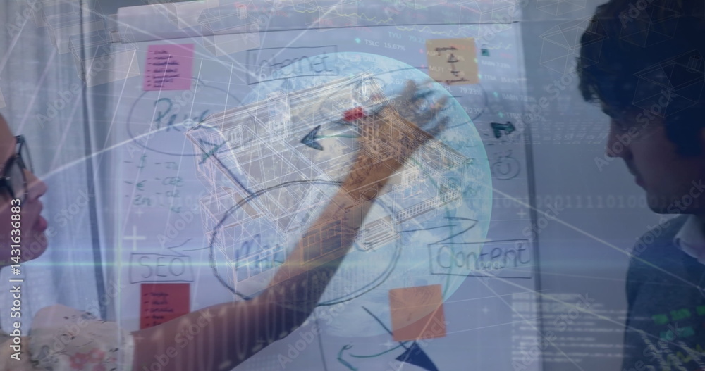 Poster data processing over spinning globe against diverse office colleagues discussing over whiteboard