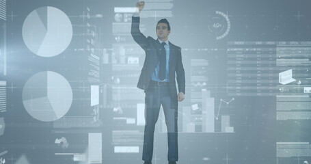 Statistical data processing against caucasian businessman protesting against grey background
