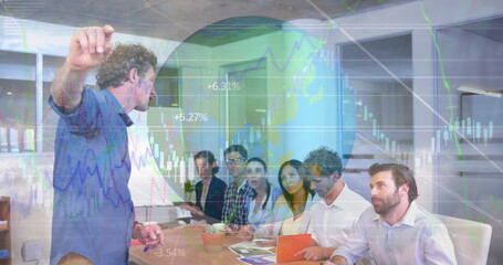 Statistical data processing over a globe against caucasian man giving a presentation at office