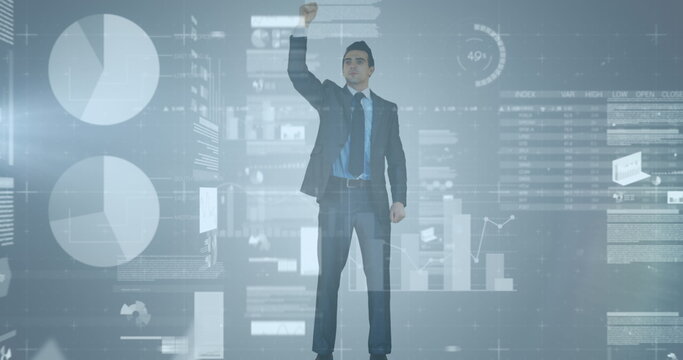 Statistical data processing against caucasian businessman protesting against grey background - Powered by Adobe