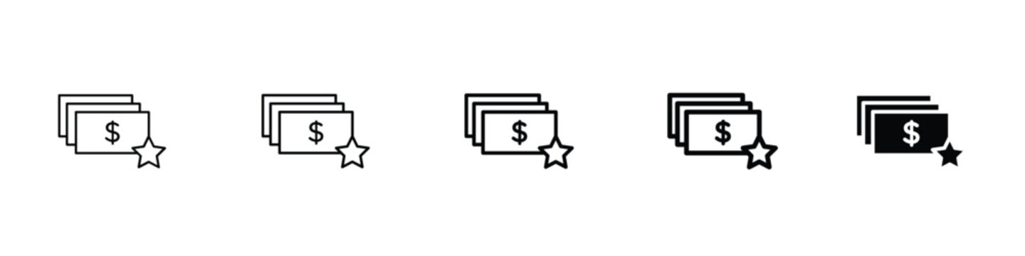 Set of 5 pixel perfect Cash bonus icon with 1 unexpanded, 1 silhouette, cash bonus icon, symbolizing monetary rewards, incentives, and benefits in a crisp vector design