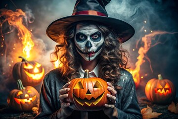 halloween, halloween background, halloween party, ghost halloween, pumpkin halloween, witch halloweenWoman in witch costume holding jack o lantern with pumpkins and fire in the background at halloween