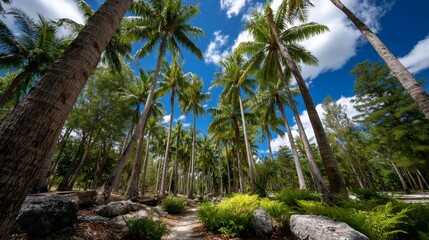 Obraz premium Tropical scene Palm trees stretch to the sky, amidst foliage & rocks, under blue skies