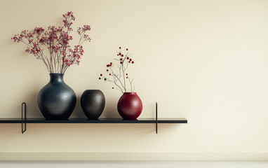 Dried Flowers in Dark Vases on Modern Shelf