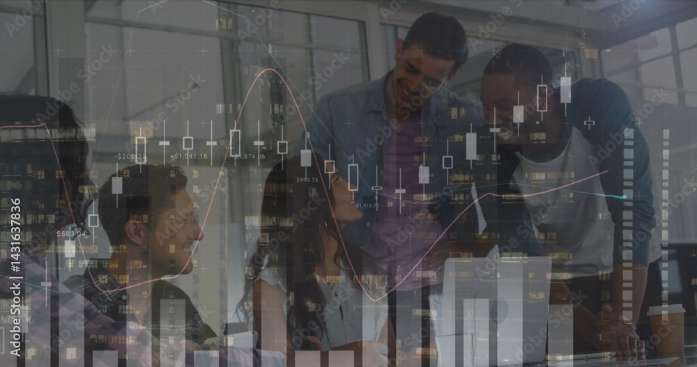Poster statistical data processing against diverse office colleagues discussing over a laptop at office