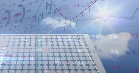 Image of financial data processing over solar panel