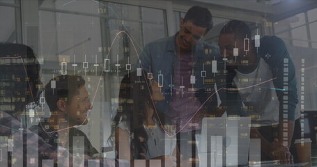 Statistical data processing against diverse office colleagues discussing over a laptop at office