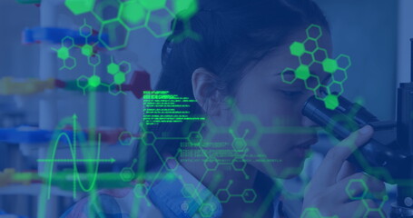 Image of science data processing over biracial schoolgirl