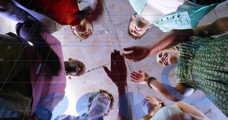 Image of financial data processing over diverse group of business people