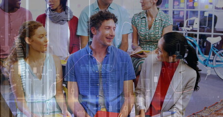 Image of financial data processing over diverse group of business people