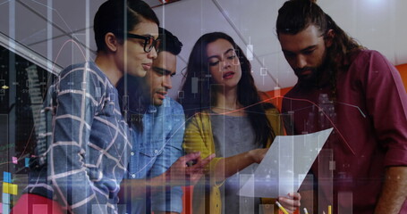 Image of financial data processing over diverse group of business people