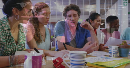 Image of financial data processing over diverse group of business people