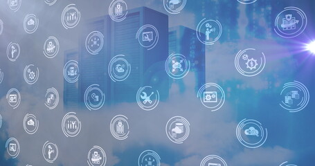 Image of falling icons over server room