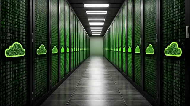 Network server room featuring illuminated cloud icons and binary code patterns, emphasizing digital technology and computing infrastructure.